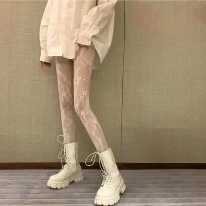 Hollowed Lace Mesh White Stockings - Image 2